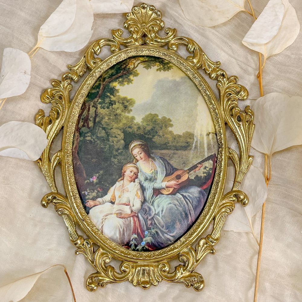 Ornate Brass Frame with Victorian Scene on Silk